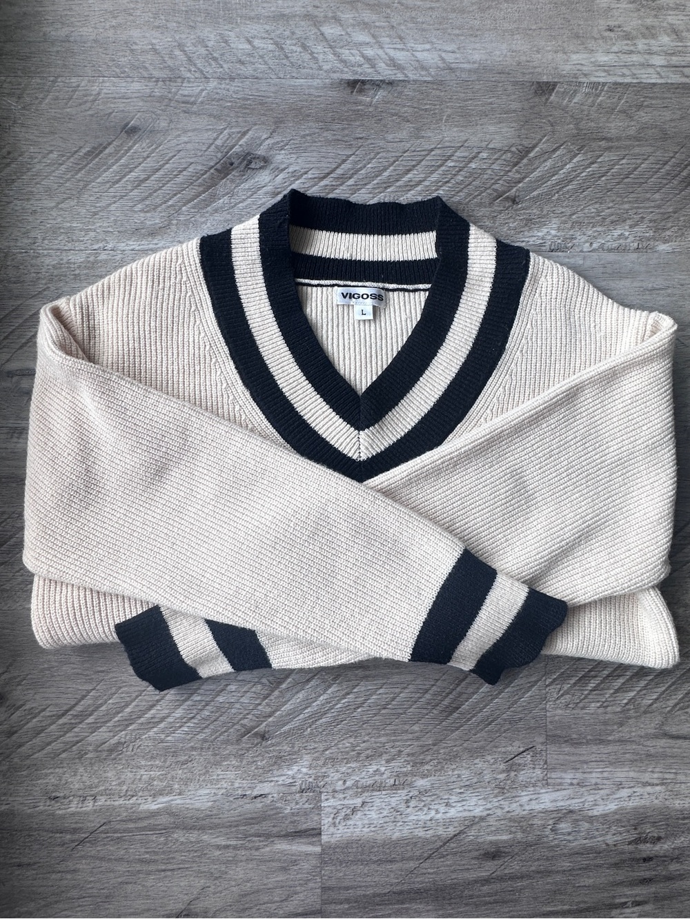 VIGOSS Cream Black Varsity Sweater Preppy V Neck Knit Large